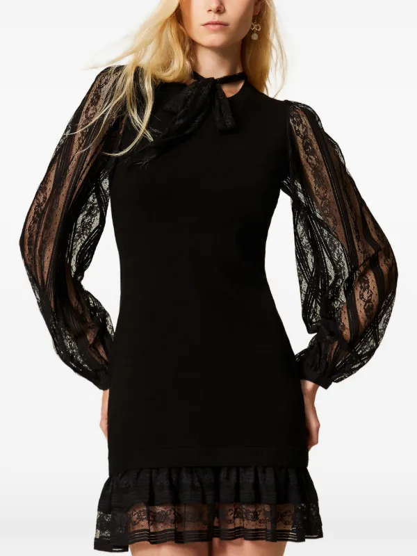 TWINSET Lace Short Knit Dress | Black | FARFETCH