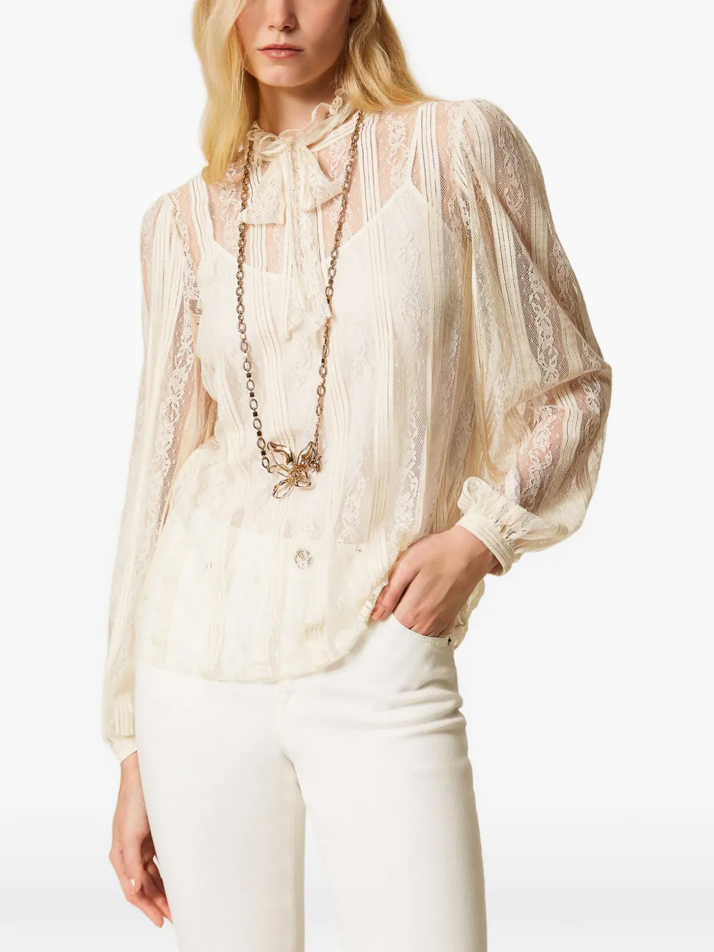 TWINSET Gestreepte blouse met kanten strik - Beige