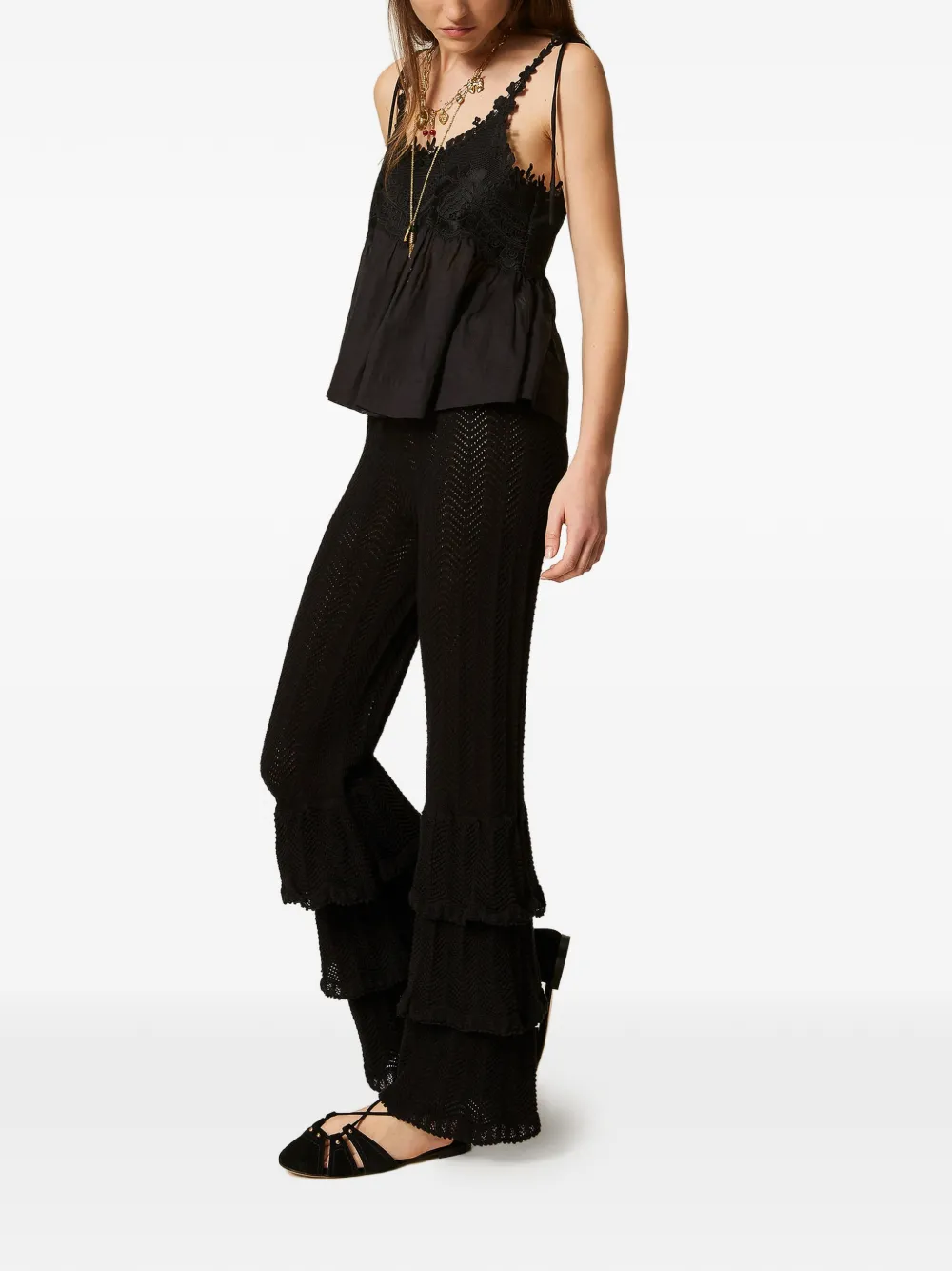 TWINSET Gebreide broek met ruches Zwart