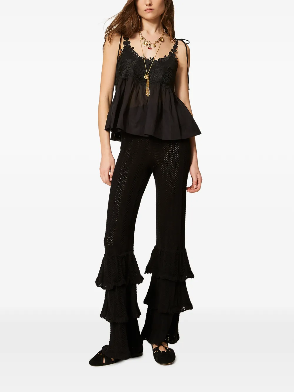 TWINSET Gebreide broek met ruches Zwart