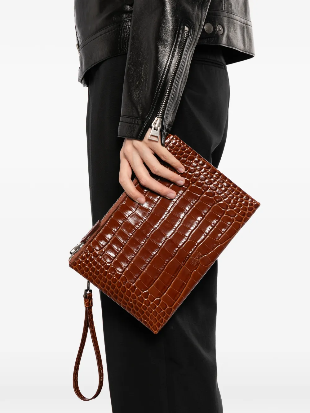 TOM FORD crocodile-effect zip clutch bag - Bruin