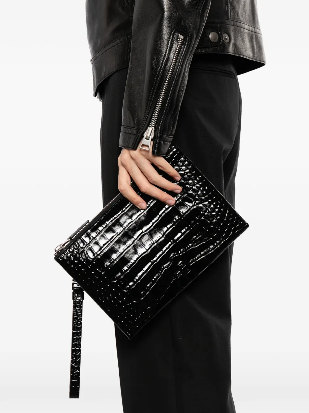 TOM FORD crocodile-effect zip clutch bag - Zwart