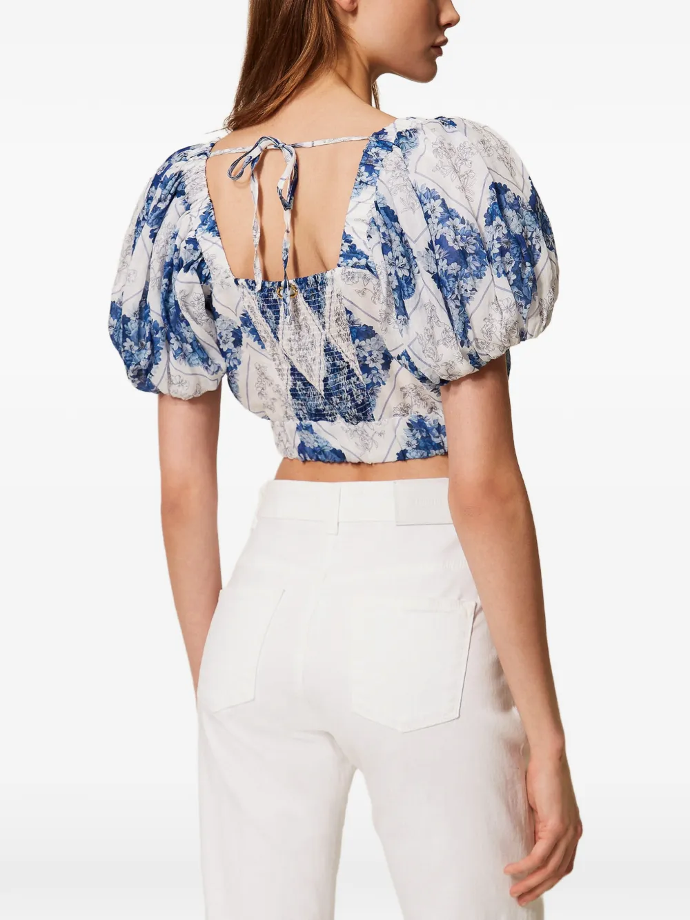 TWINSET Ramie cropped blouse met bloemen-print Wit