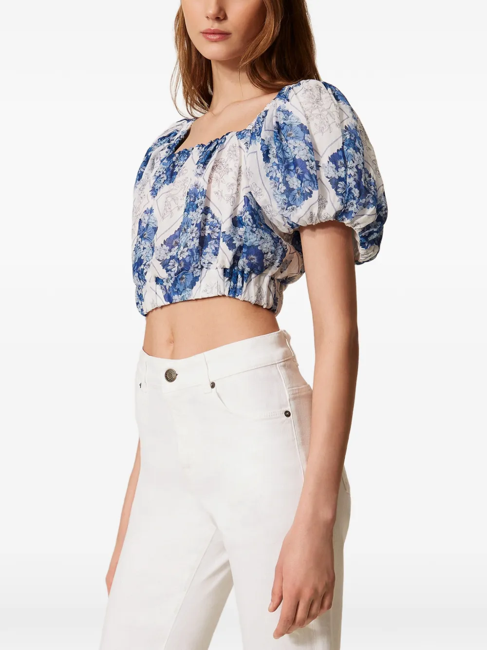 TWINSET Ramie cropped blouse met bloemen-print Wit