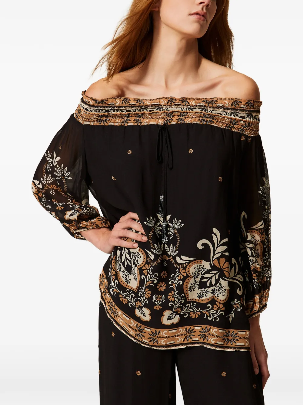  Twinset Printed Off-shoulder Blouse - Black 
