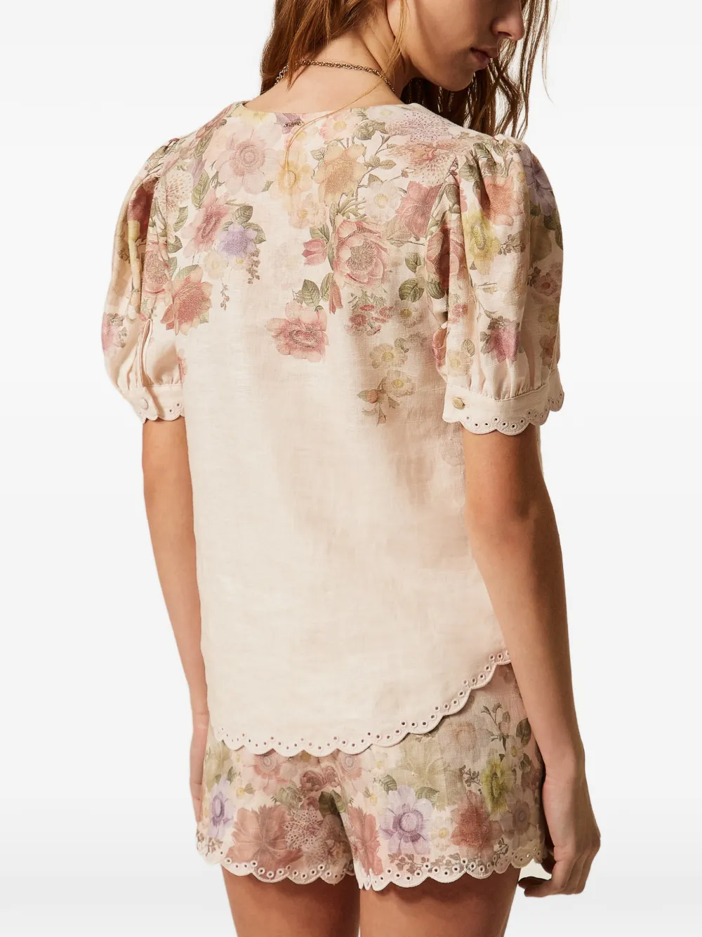 TWINSET Linnen blouse met geborduurde bloemen Beige