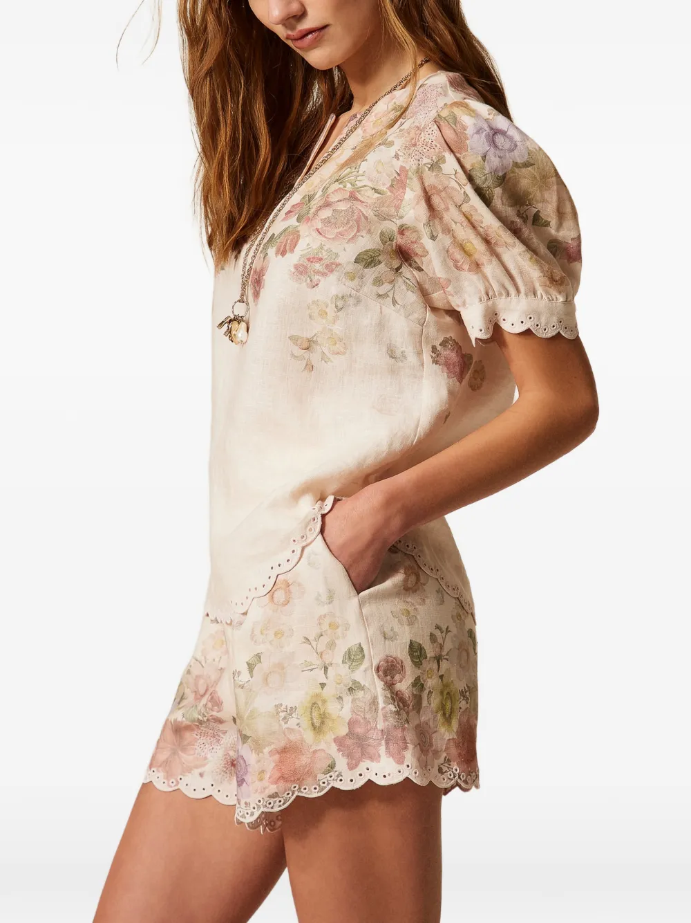  Twinset Floral Puff-sleeve Blouse - Neutrals 