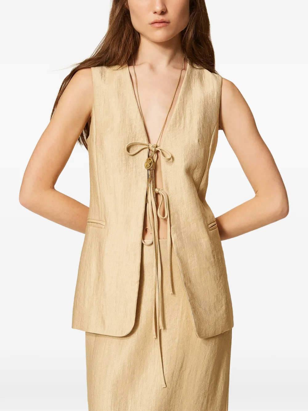 TWINSET Gelamineerd gilet met strikken Beige