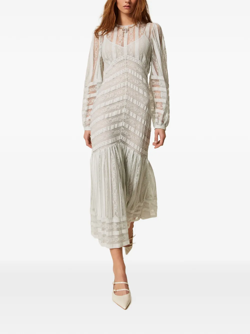 TWINSET Gestreepte jurk met kant Beige