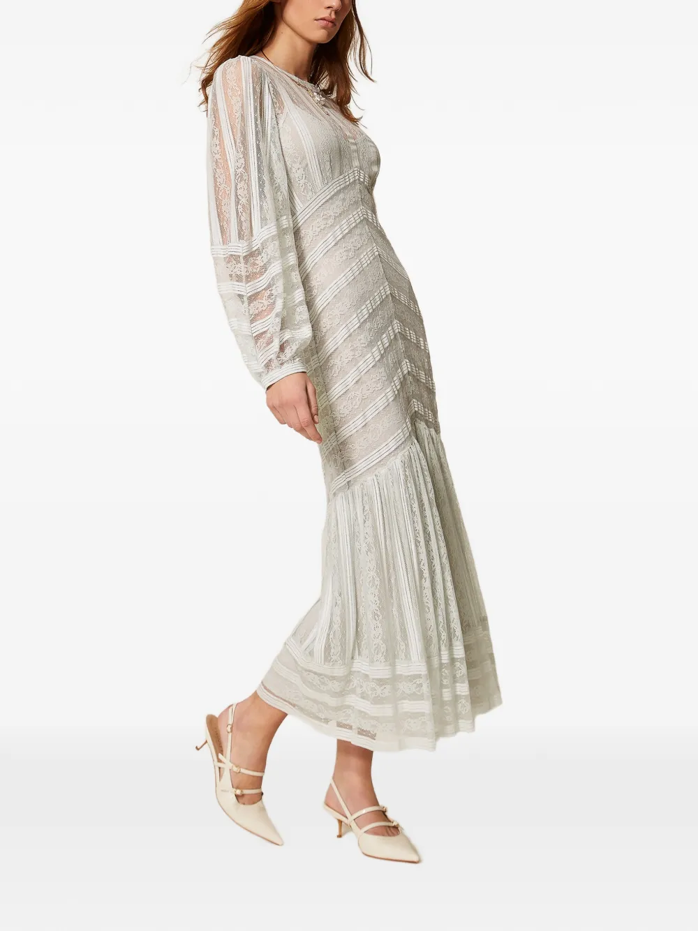 TWINSET Gestreepte jurk met kant Beige