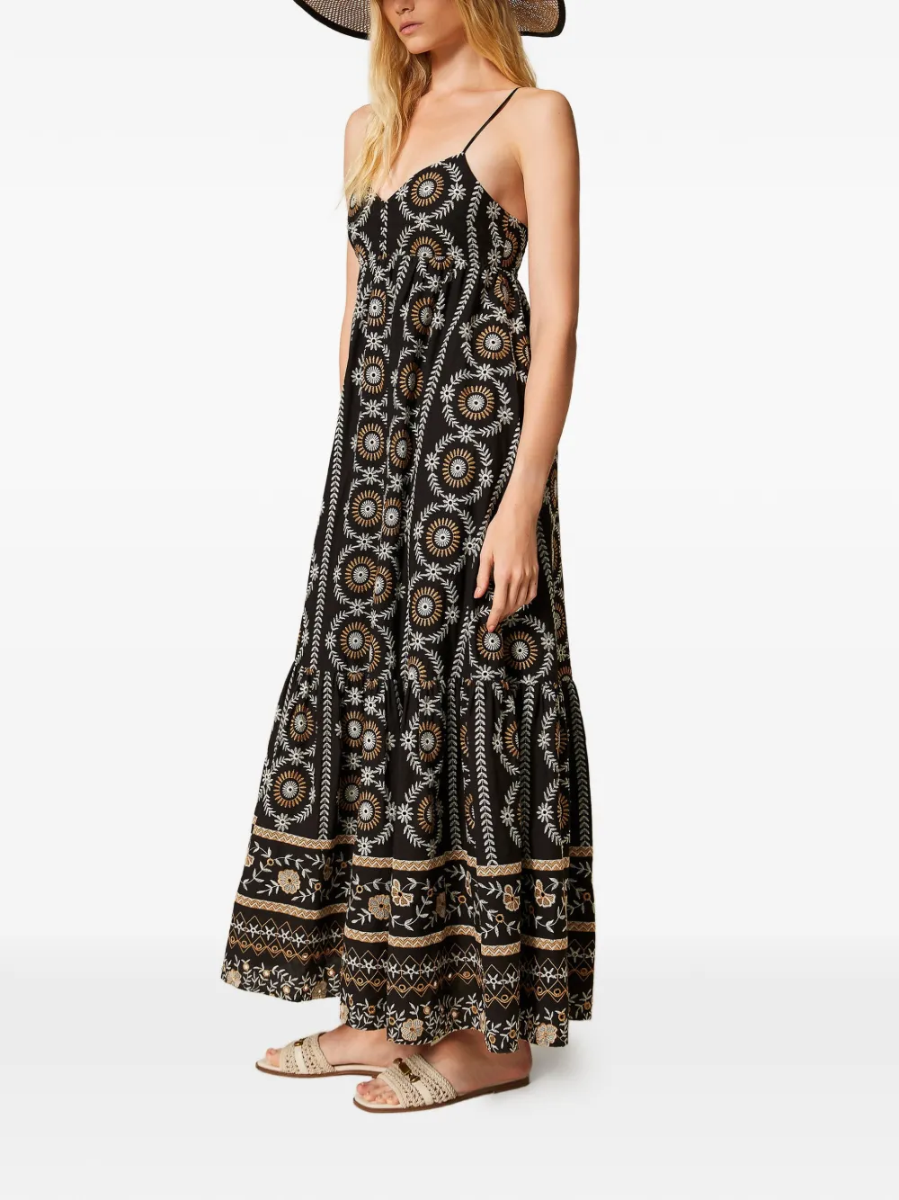 TWINSET Mousseline maxi-jurk met broderie anglaise Zwart