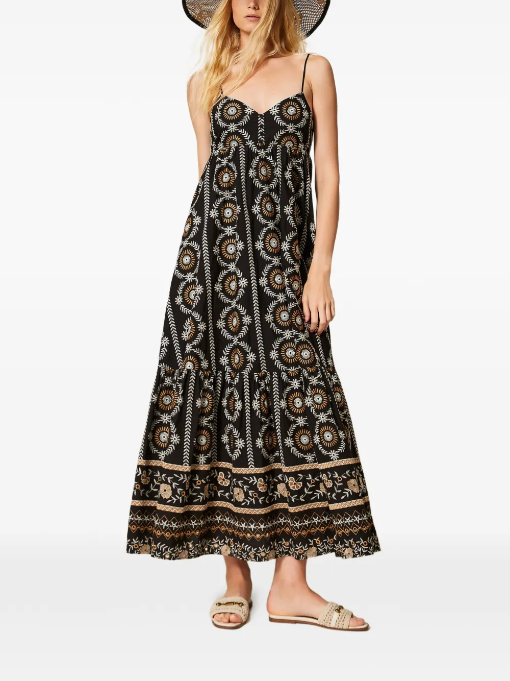 TWINSET Mousseline maxi-jurk met broderie anglaise Zwart