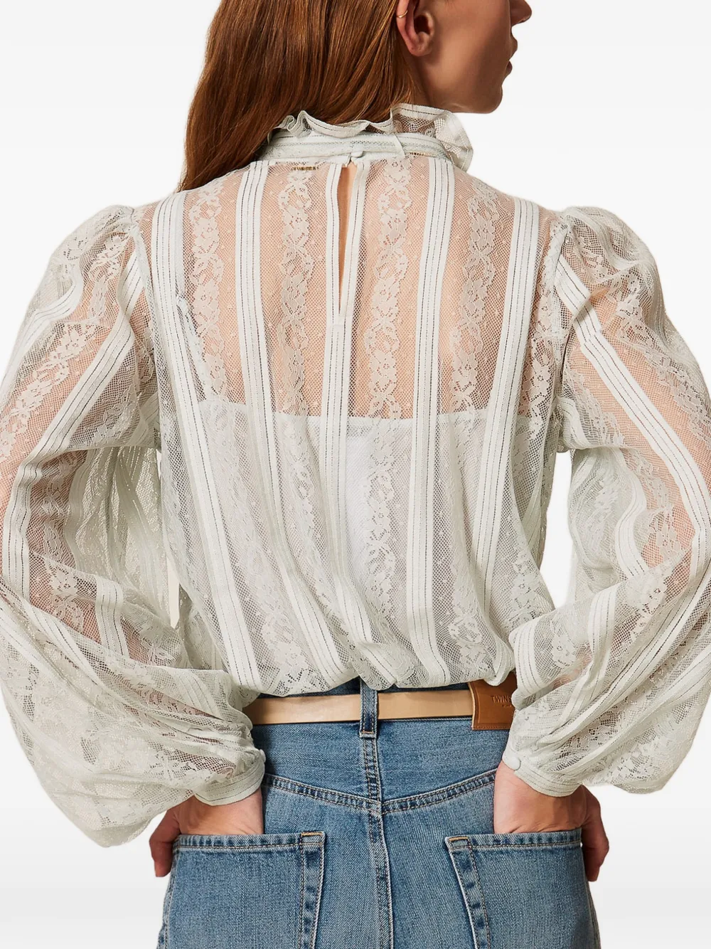 TWINSET Gestreepte blouse met kanten strik Blauw