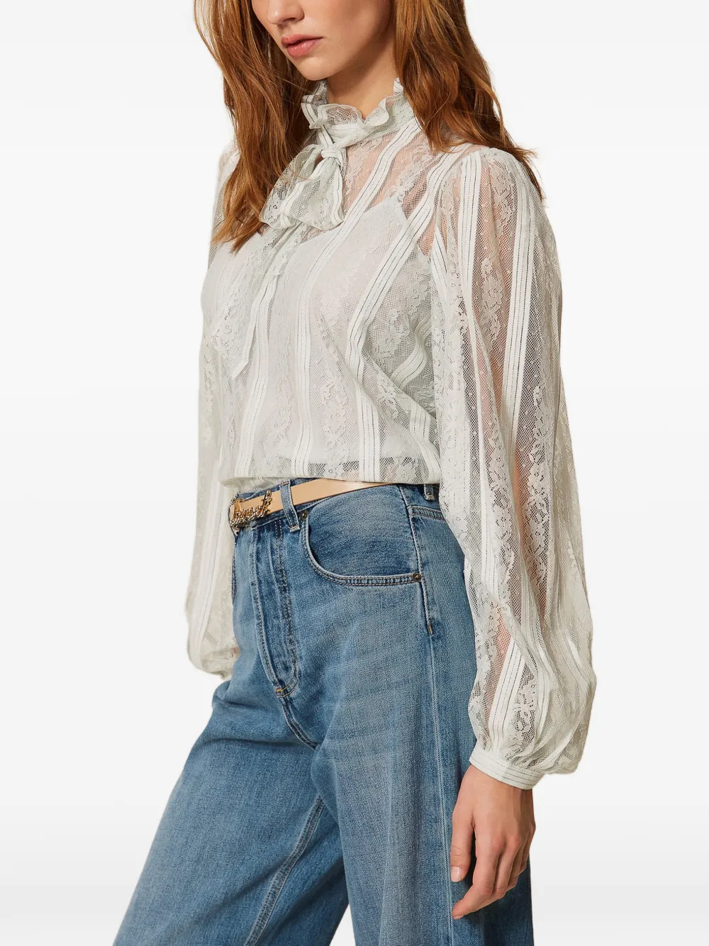 TWINSET Gestreepte blouse met kanten strik Blauw
