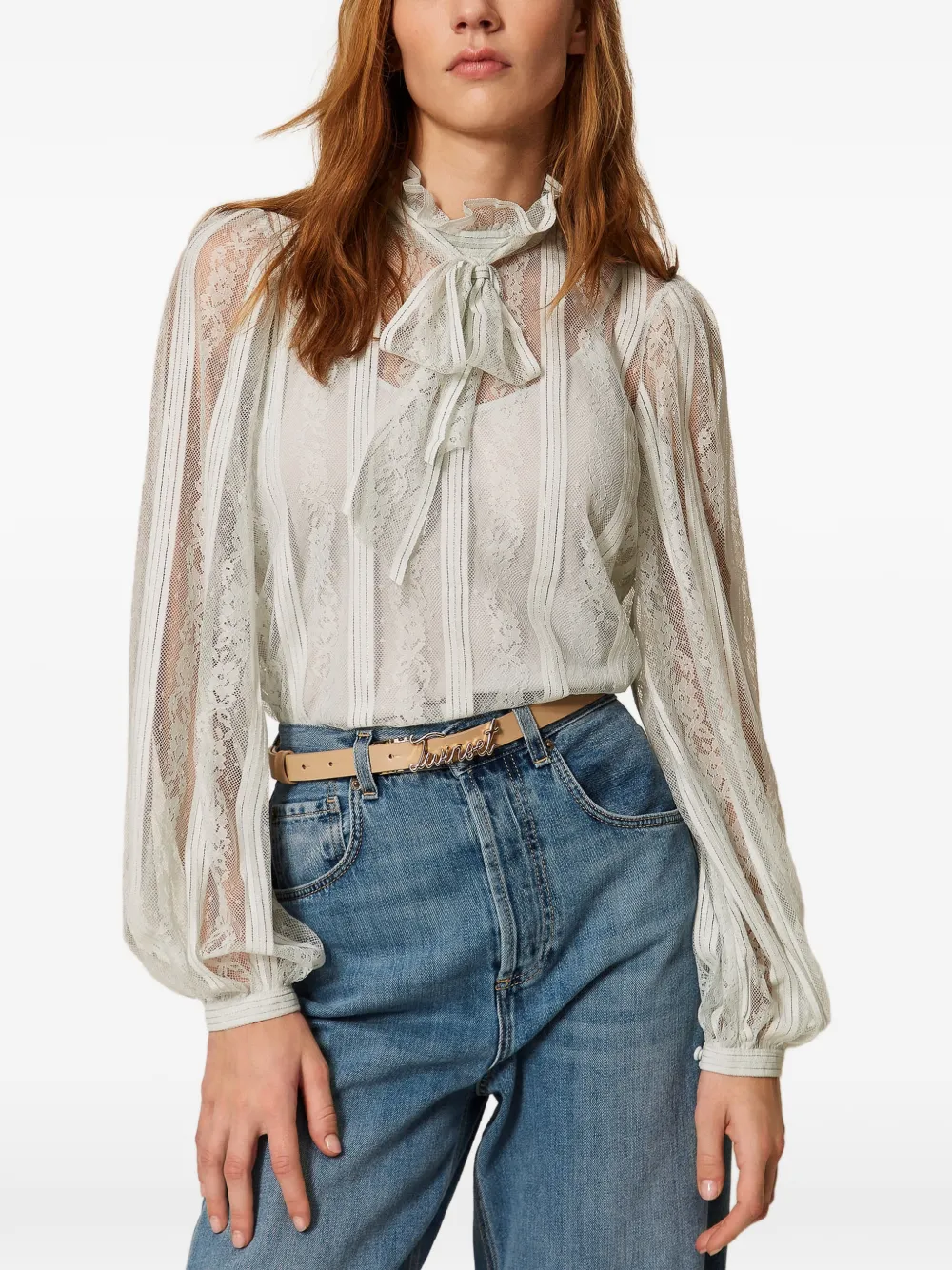 TWINSET Gestreepte blouse met kanten strik Blauw