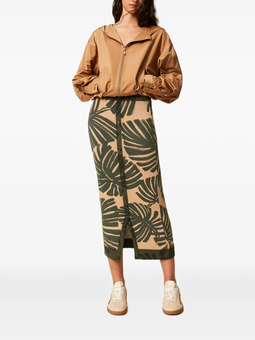  Twinset Leaf-print Midi Skirt - Neutrals 