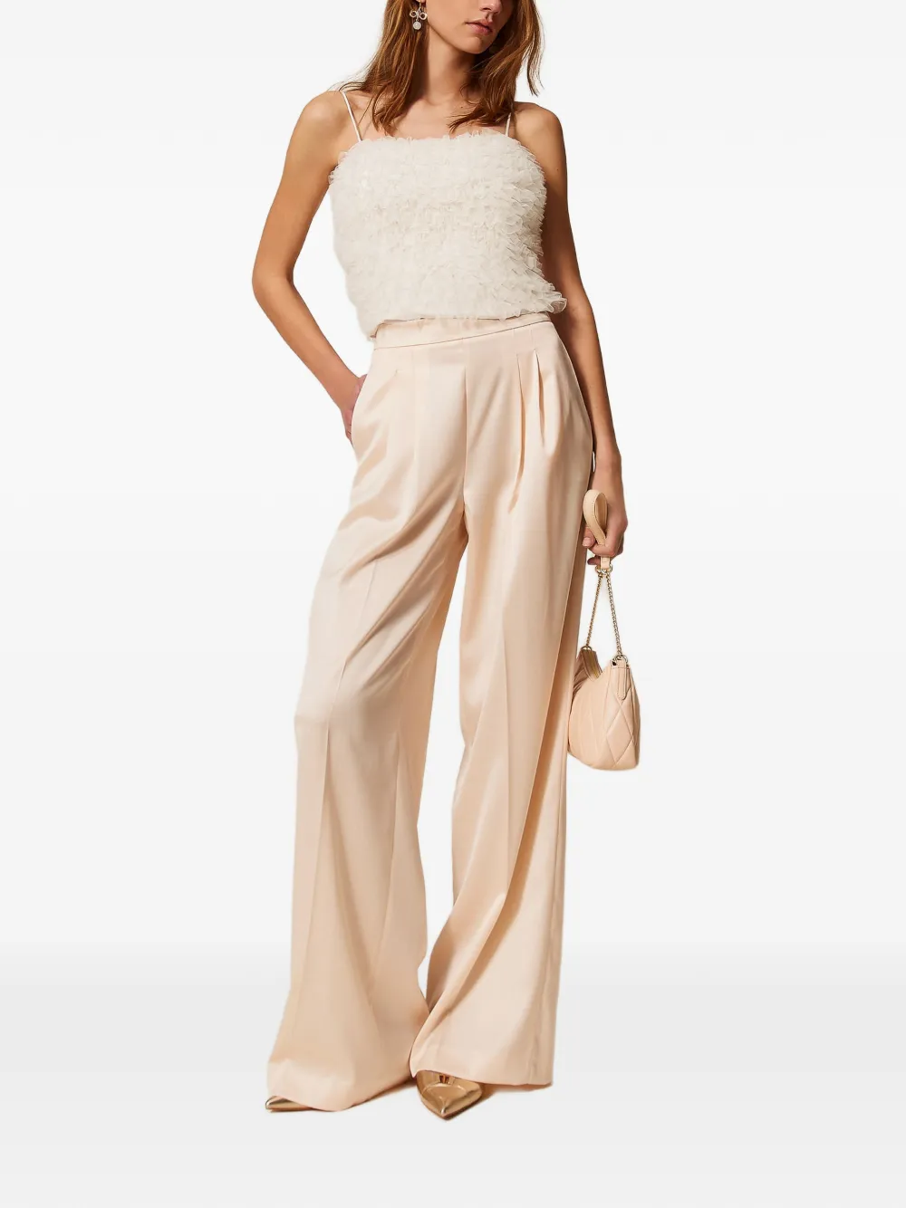 TWINSET Satijnen broek met wijde pijpen Beige