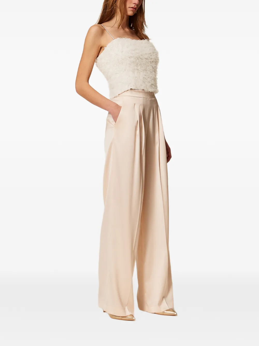 TWINSET Satijnen broek met wijde pijpen Beige