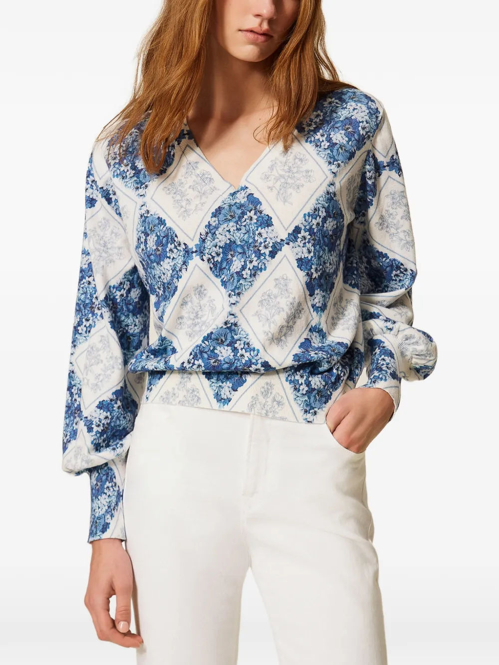  Twinset Diamond-pattern Floral Top - Blue 