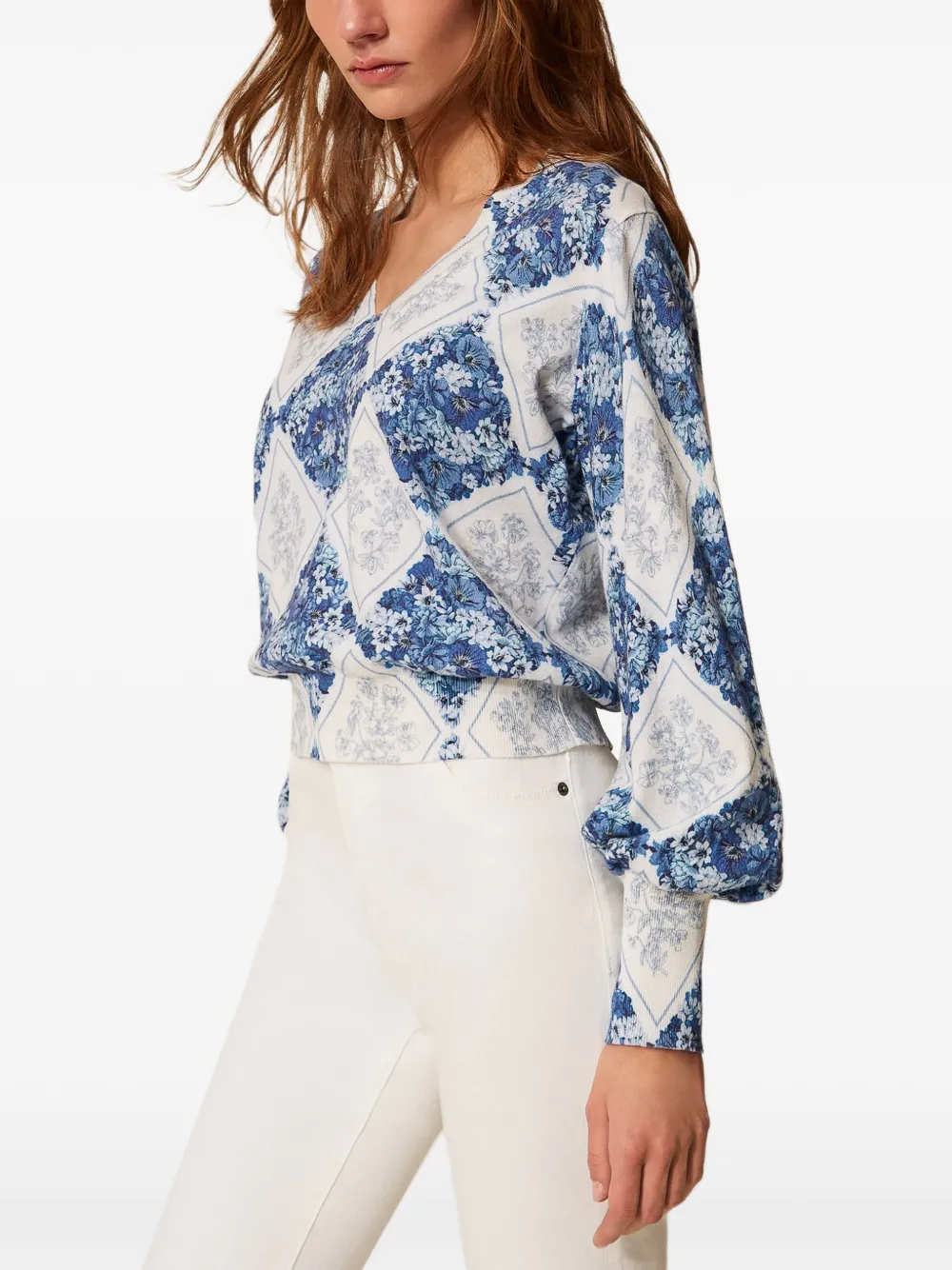  Twinset Diamond-pattern Floral Top - Blue 