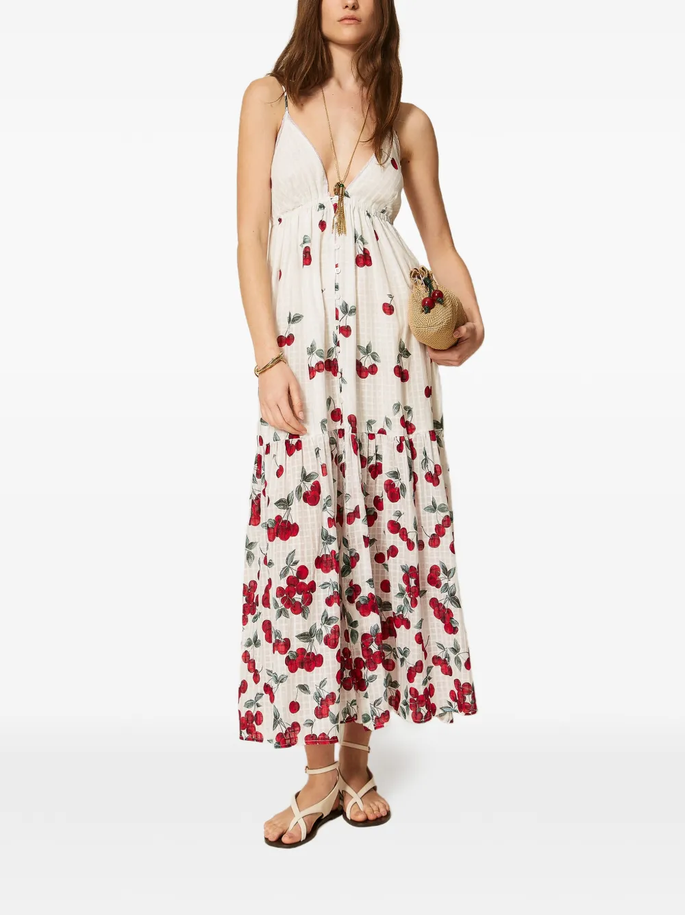TWINSET Kanten maxi-jurk met kersen-print Wit