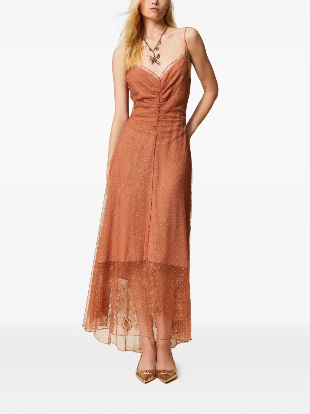 Twinset Point D'esprit Maxi Dress In Brown
