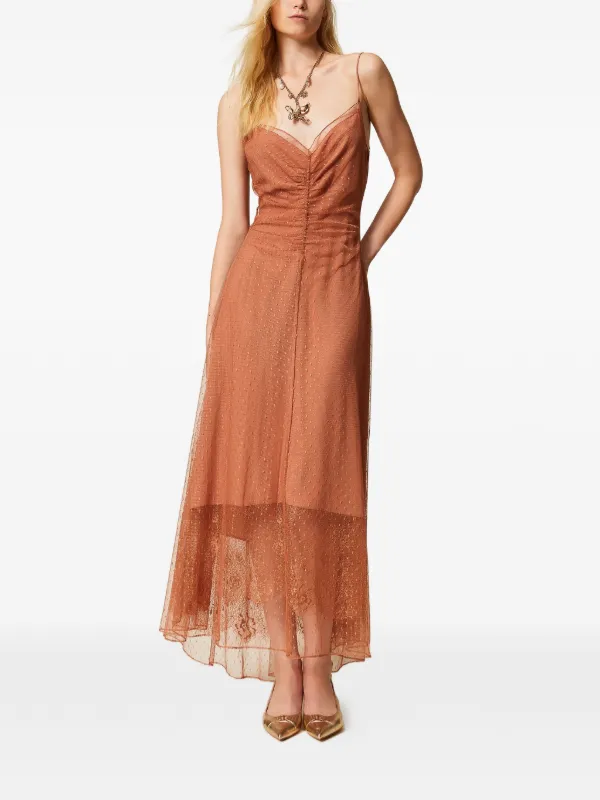 Twinset Maxi Point D'esprit Dress With V-neck And Spaghetti Straps - Brown