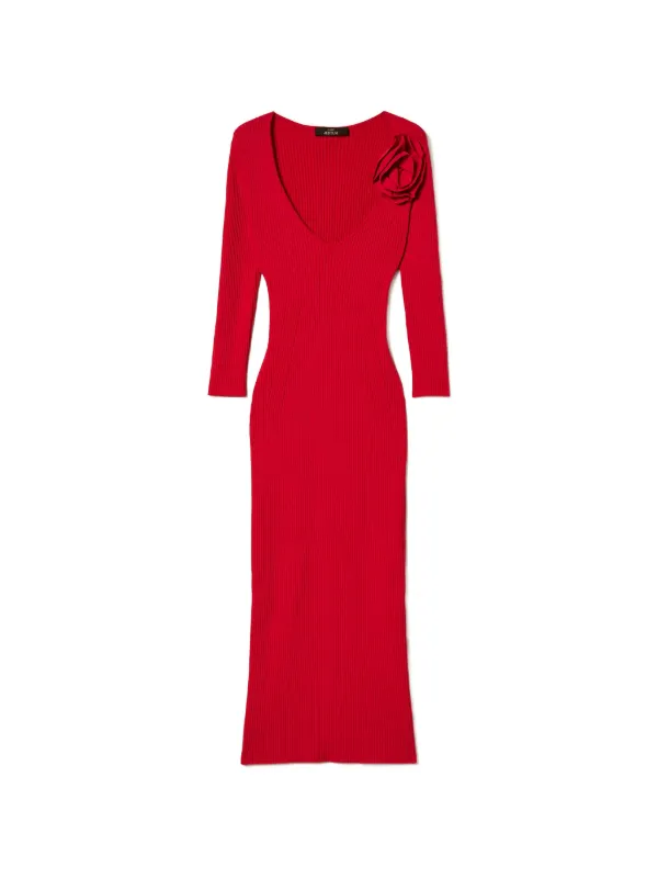 Twinset Floral-appliqu Knitted Midi Dress - Red Twinset Floral-appliqu Knitted Midi Dress - Red