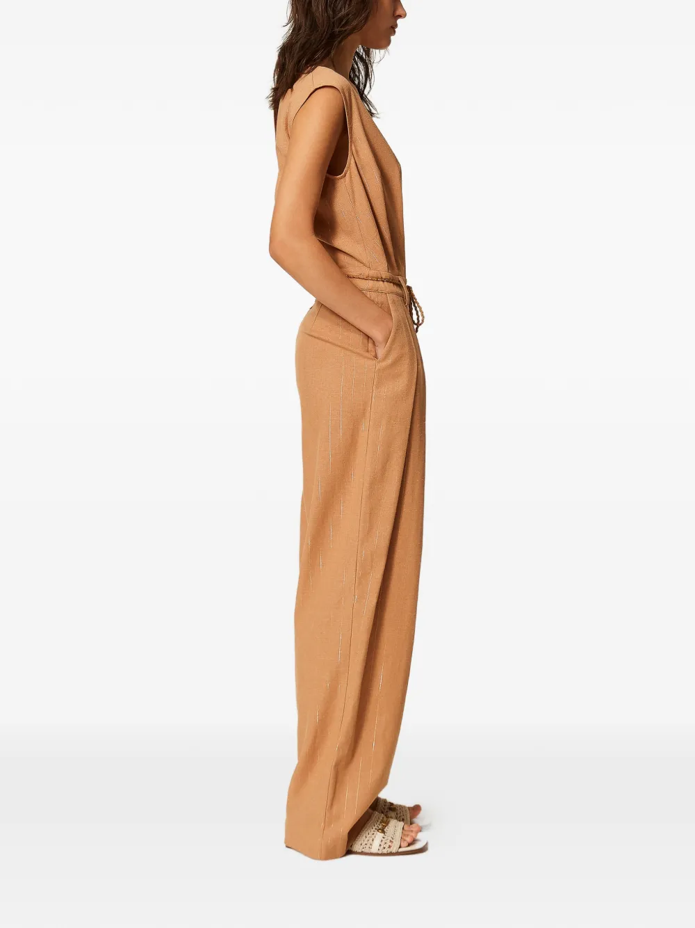  Twinset Pinstriped Belted Jumpsuit - Neutrals 