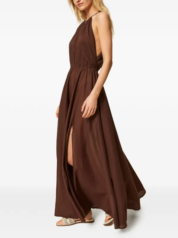 brown 2 piece dress TWINSET Halter Slit Maxi | stretchy fabric allows room Color:A Black Long Sleeve Homecoming Lace prom dresses