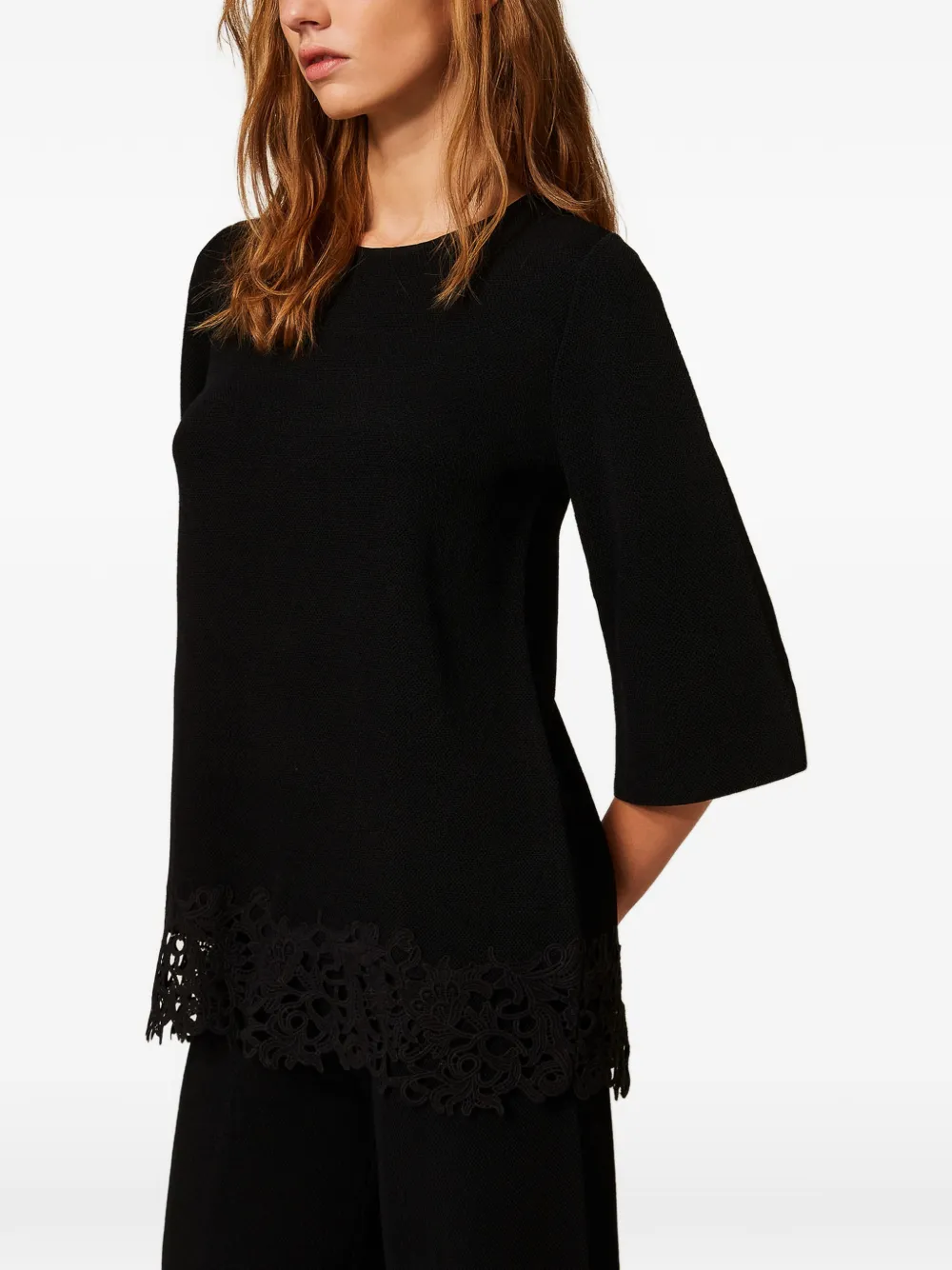 TWINSET Tuniek met kanten afwerking en kwartmouwen Zwart