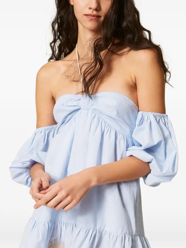 off the shoulder pinstripe dress Striped Off Shoulder Dress