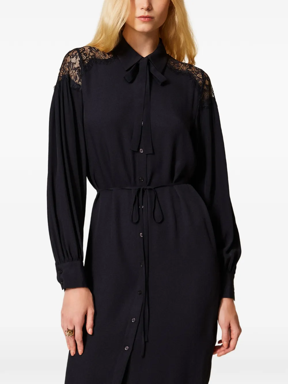 lace-panel georgette midi dress