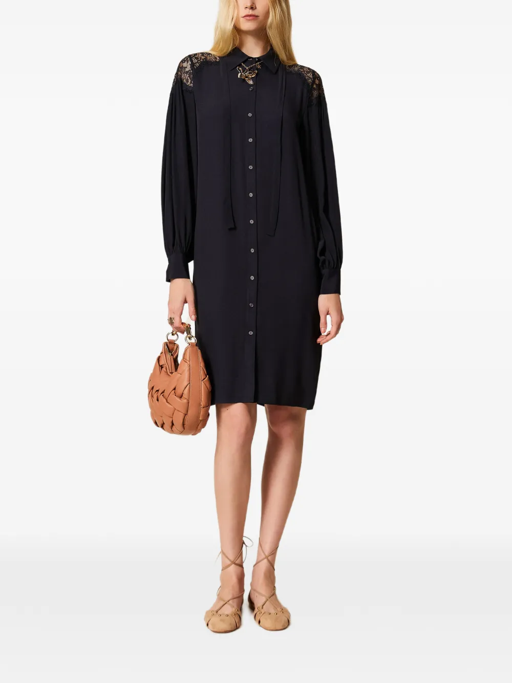 lace-panel georgette midi dress