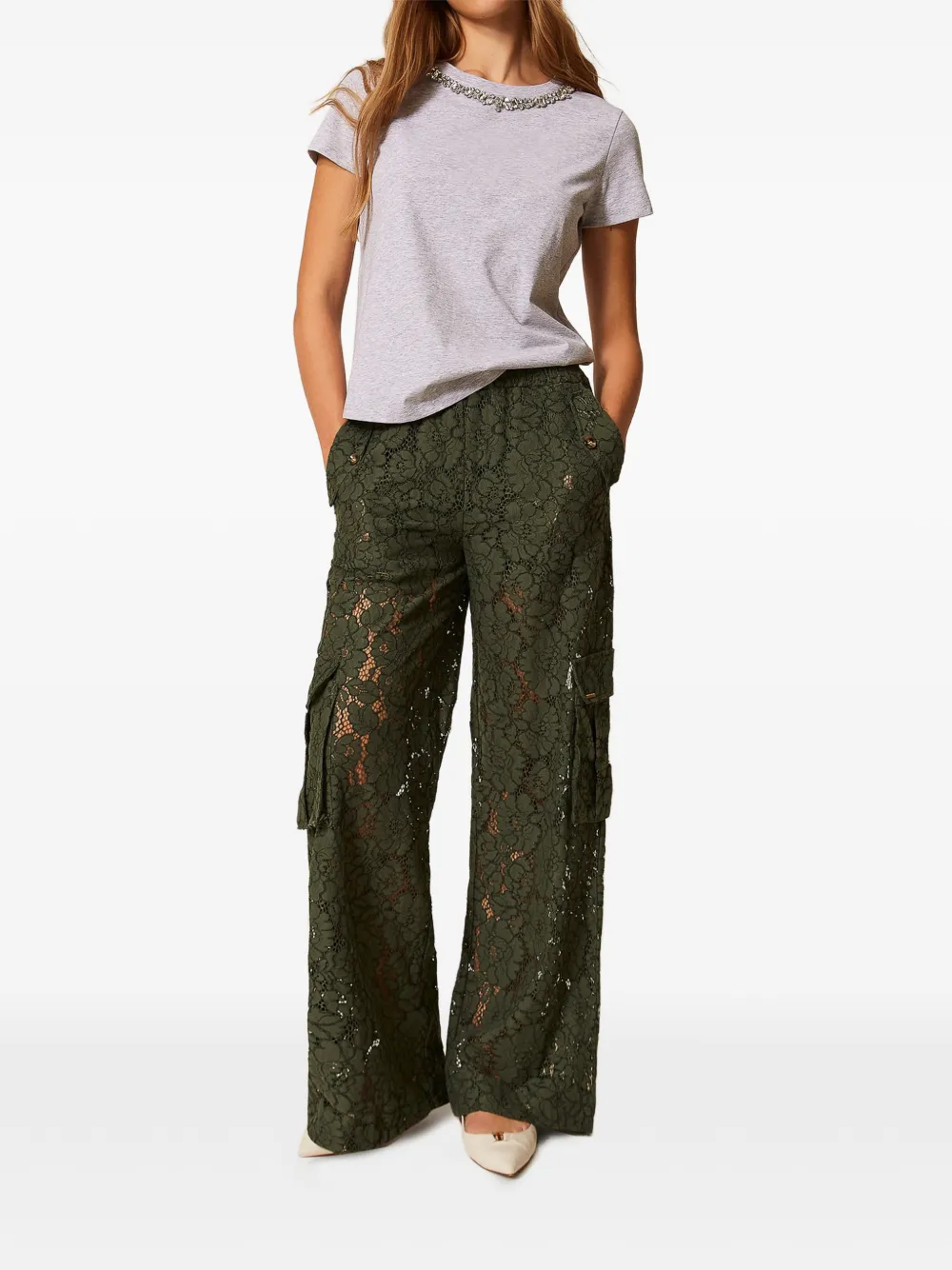 TWINSET Palazzo broek met bloemenkant Groen