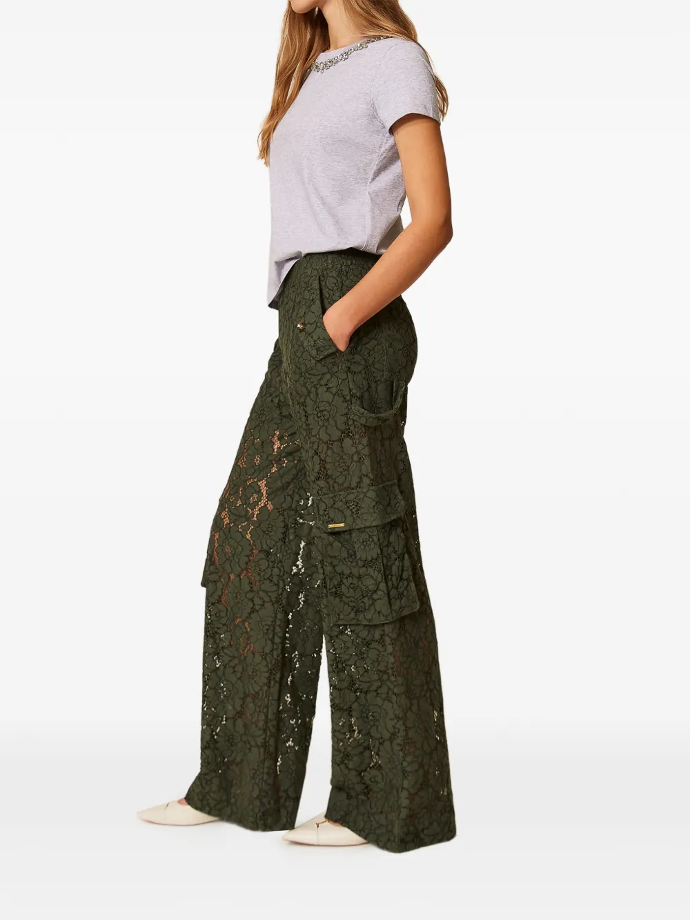 TWINSET Palazzo broek met bloemenkant Groen