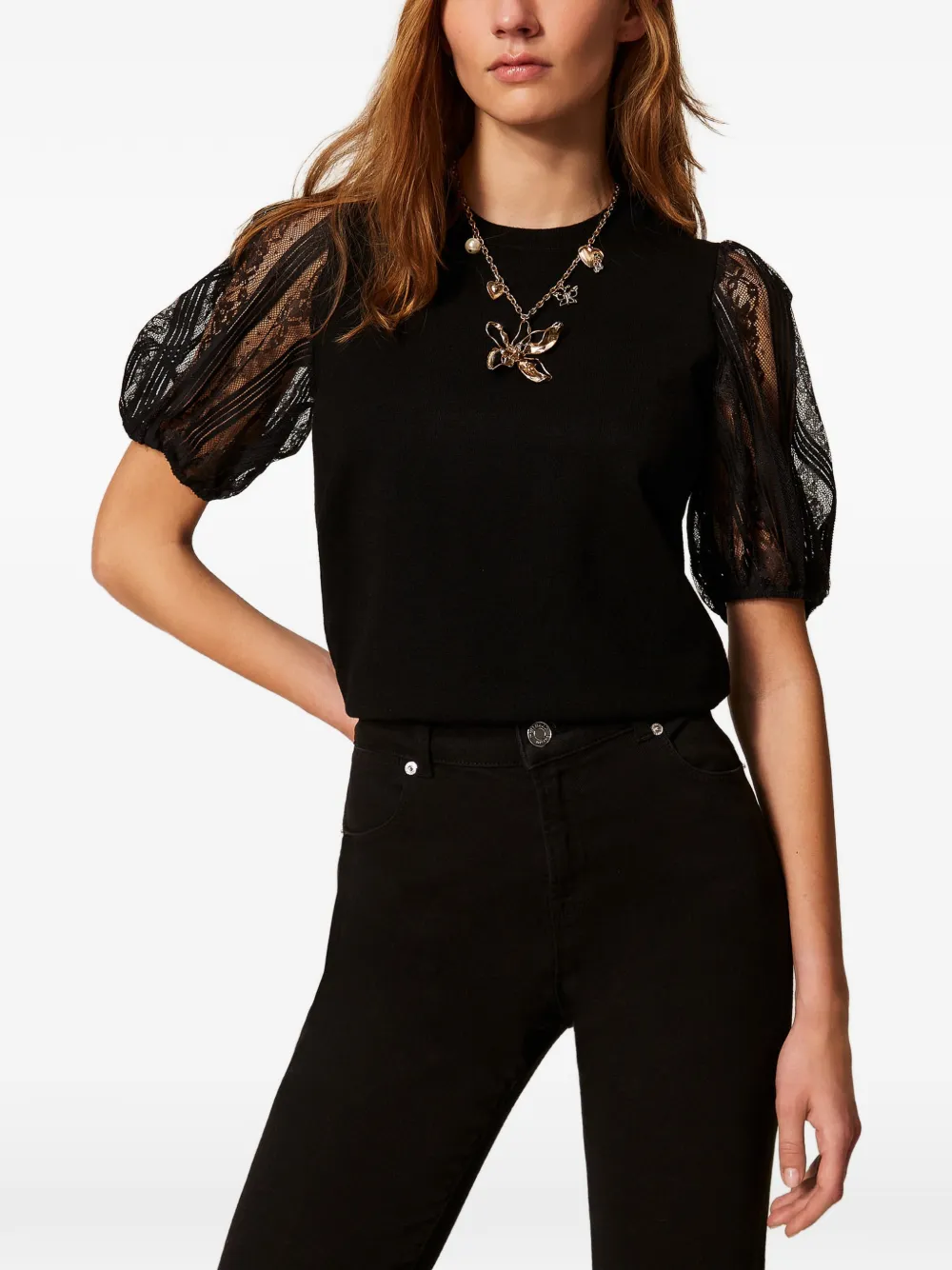TWINSET T-shirt met kanten mouwen Zwart