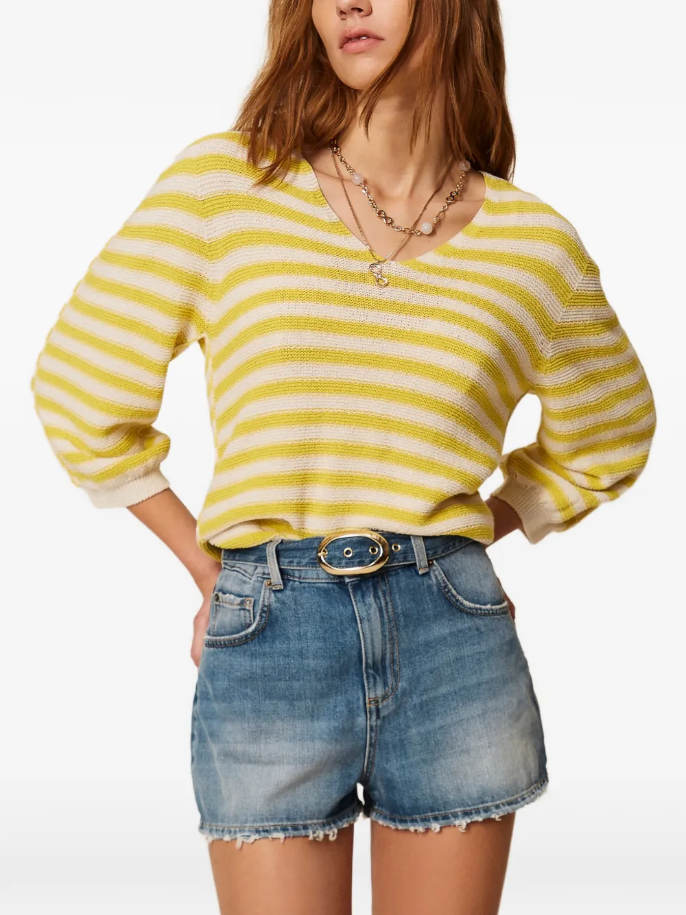 TWINSET Tweekleurige gestreepte naadloze trui Geel
