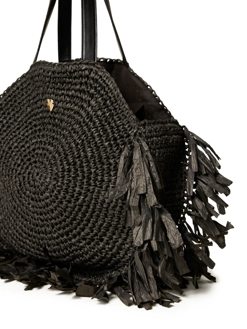 TWINSET Ronde raffia shopper met franje Zwart