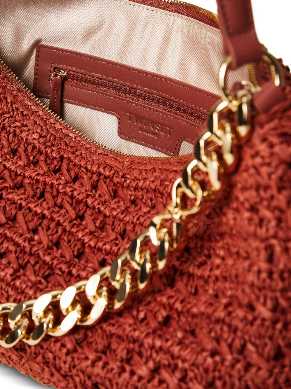TWINSET Geweven schoudertas met ketting Bruin