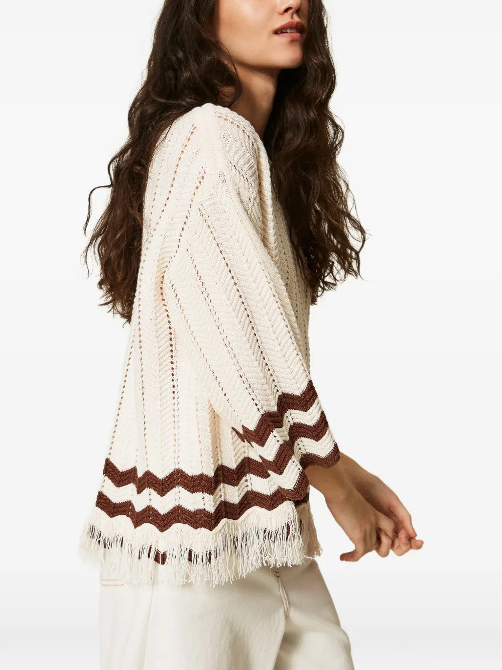 TWINSET Trui met zigzag-detail en franje Wit