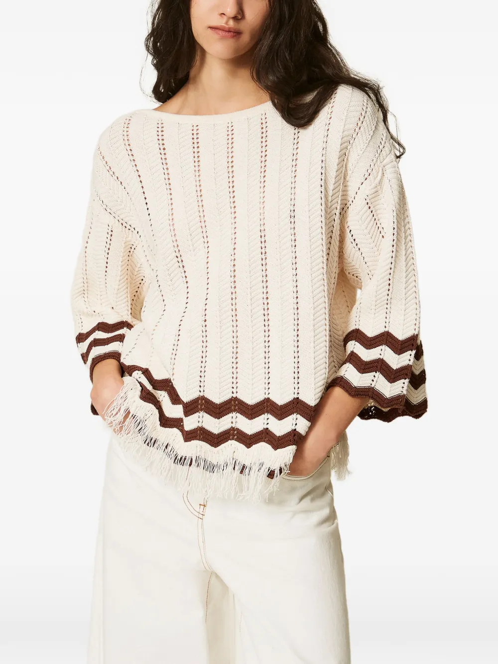 TWINSET Trui met zigzag-detail en franje Wit