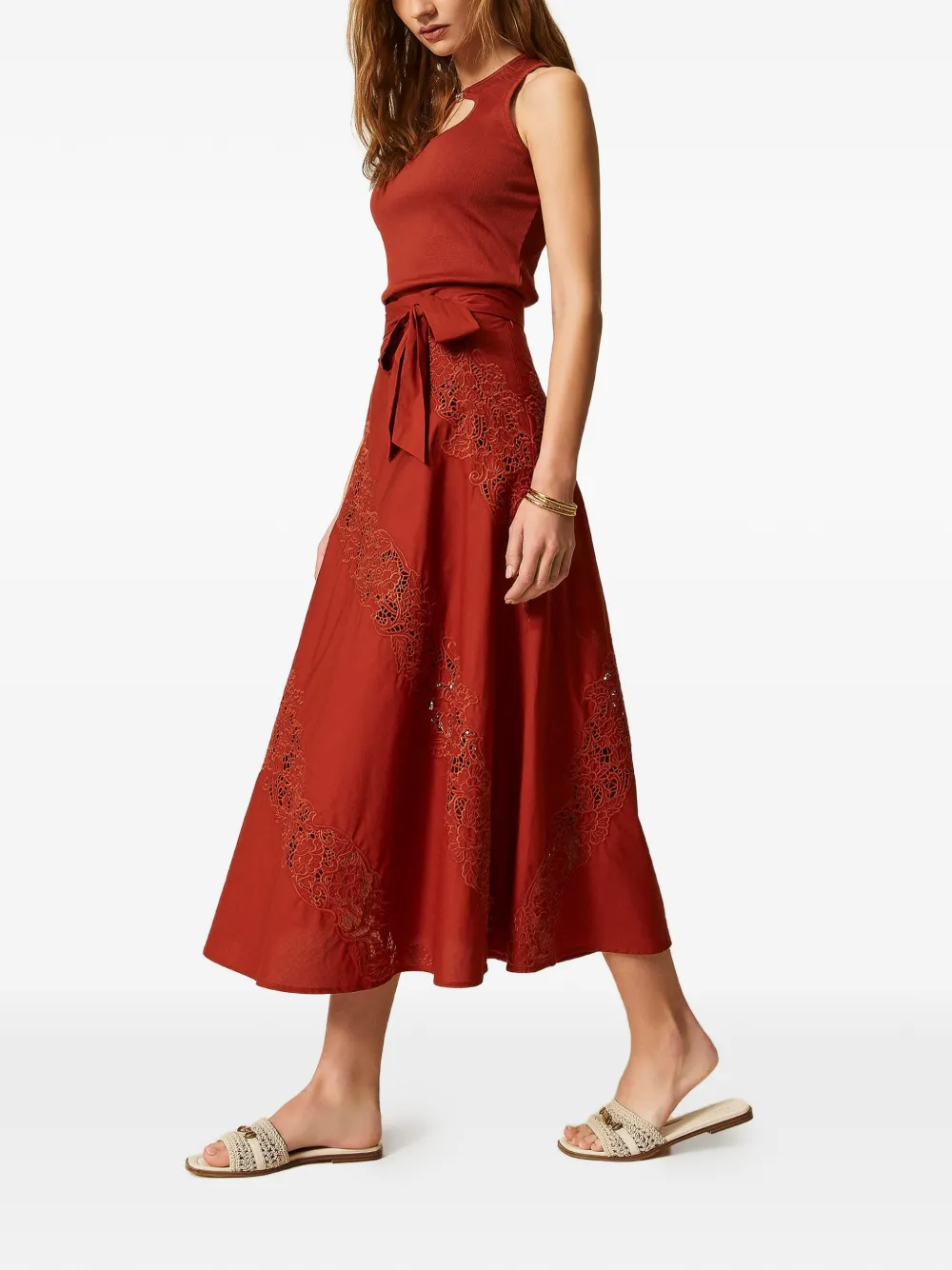 TWINSET Maxi-rok met ceintuur en kant Bruin