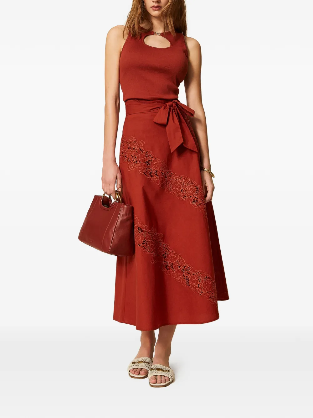 TWINSET Maxi-rok met ceintuur en kant Bruin