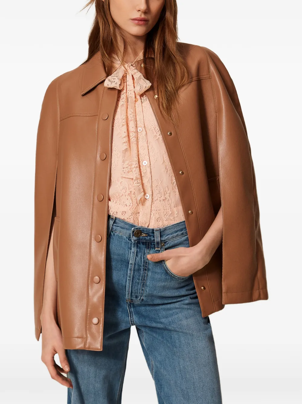  Twinset Button Faux-leather Cape Jacket - Brown 