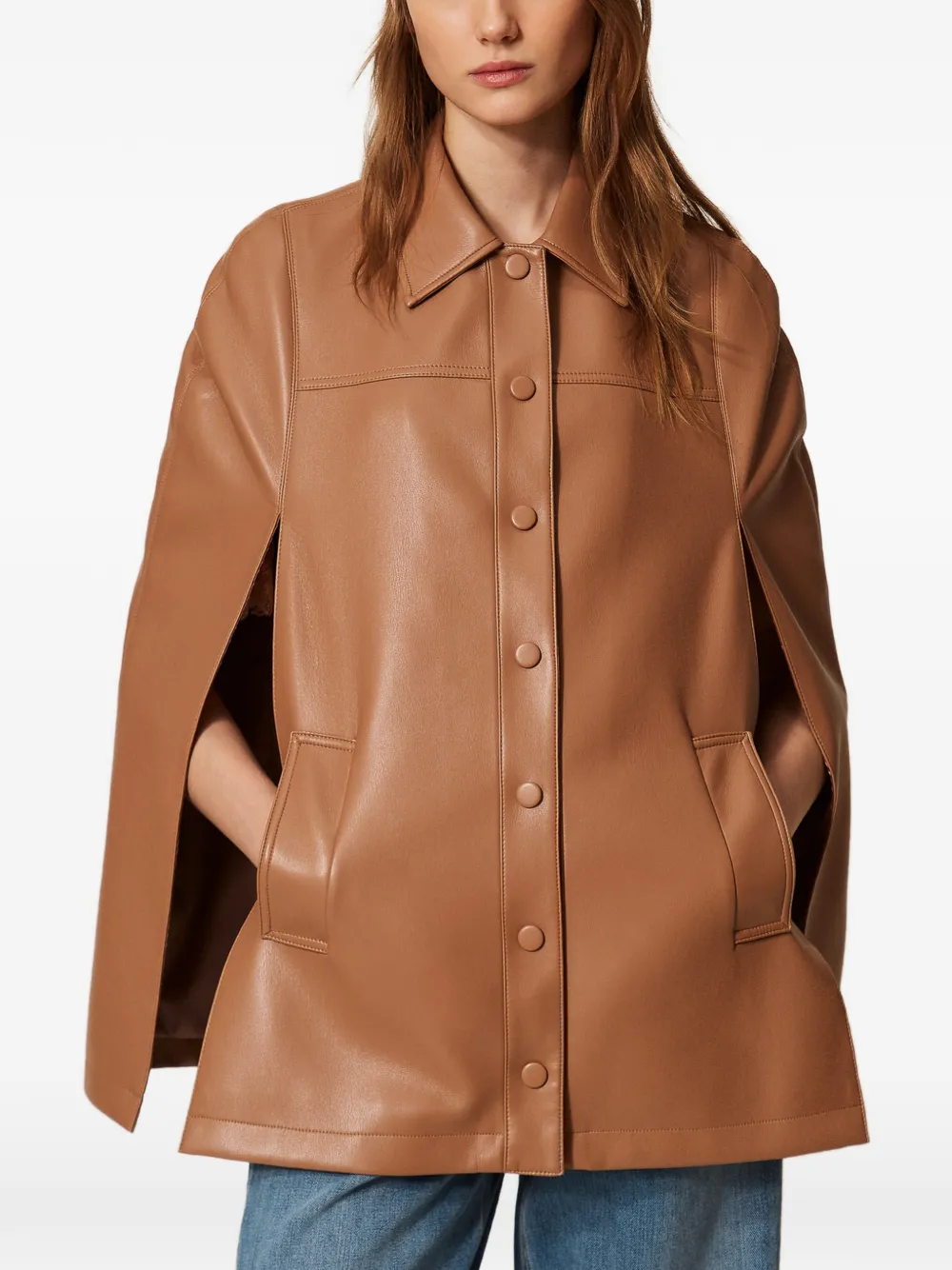  Twinset Button Faux-leather Cape Jacket - Brown 