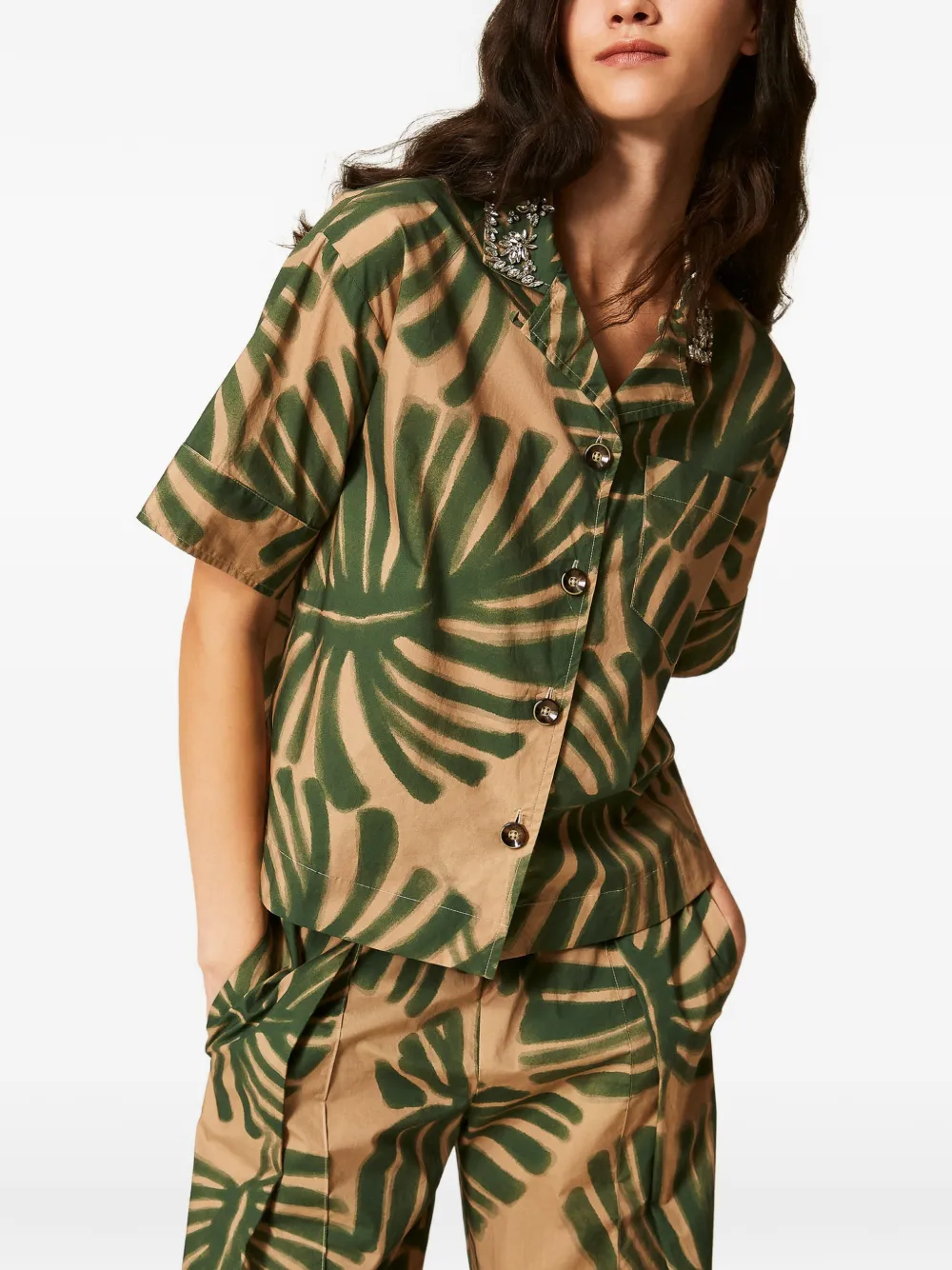 TWINSET Popeline blouse met print en borduurwerk Beige
