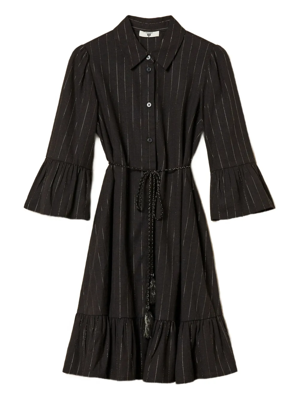 Twinset Pinstriped Ruffled Mini Dress In Black