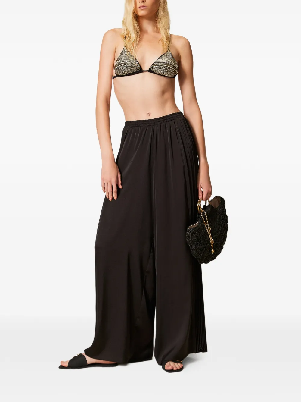 Twinset Pleated Wide Leg Trousers In Black