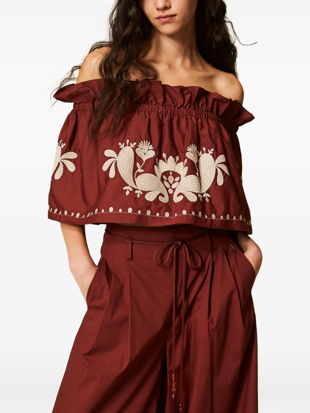 TWINSET Popeline off-shoulder top met borduurwerk Rood